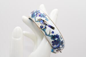 Vintage Cloisonne Enamel Bracelet Old Chinese Asian Wide Hinged Bangle Birds
